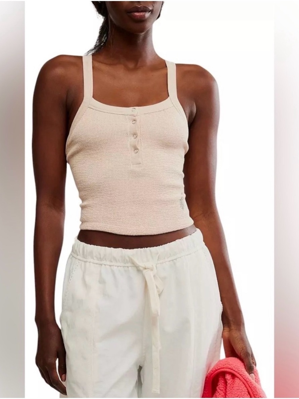 FP Movement by Free People All Clear Scrunch Henley Tank in Light Beige